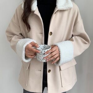 Beige Sherpa Trim Lightweight Korean Cozy Overshirt Jacket